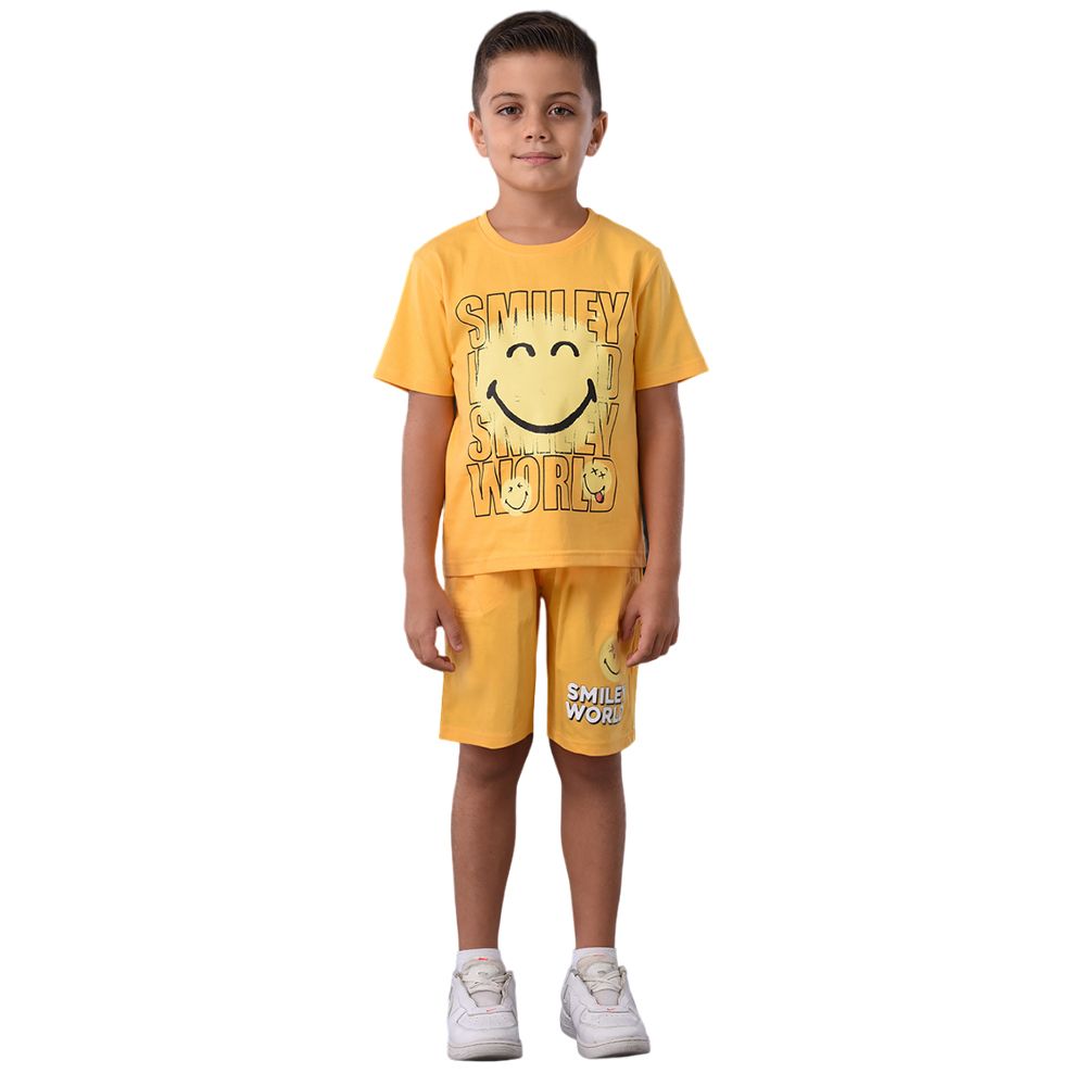 Emoji - 2pc-Set - Boy Smiley Half Sleeve T-Shirt w/ Shorts - Light Orange