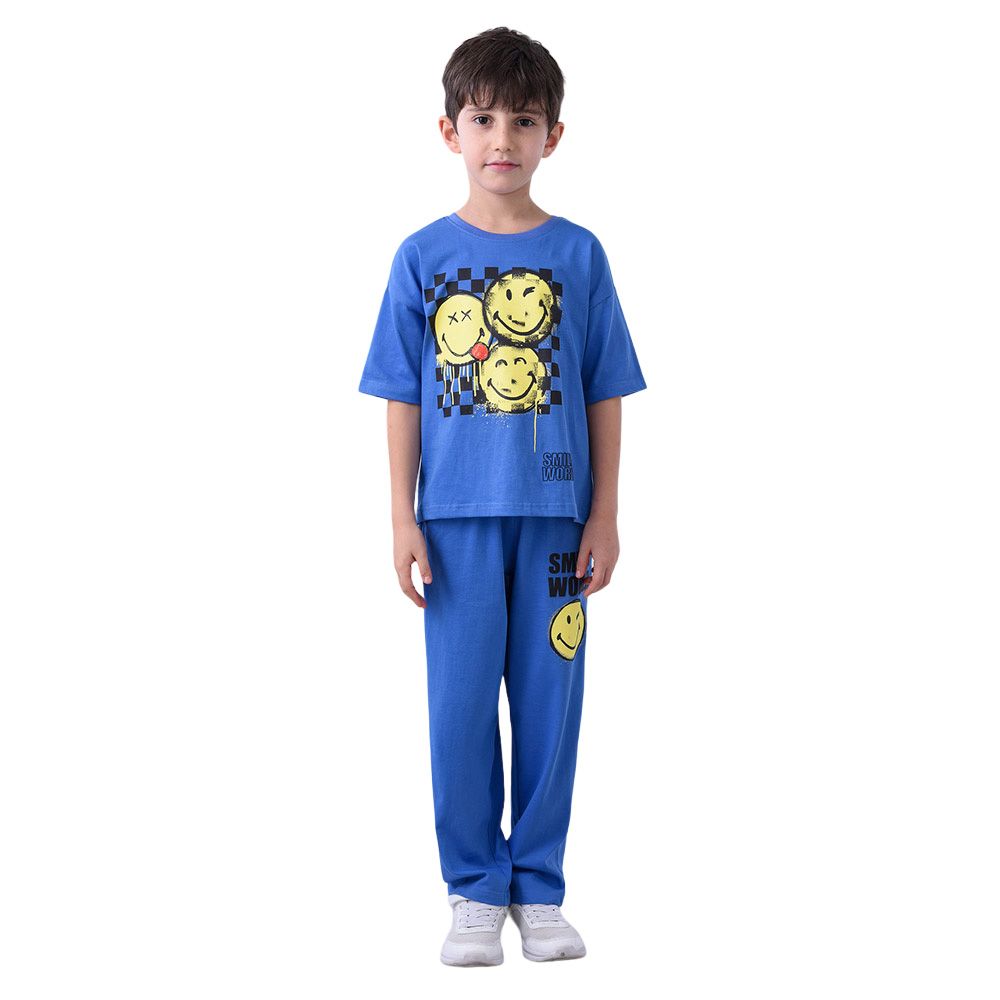 Emoji - 2pc-Set - Smiley Half Sleeve T-Shirt w/ Pyjama - Blue