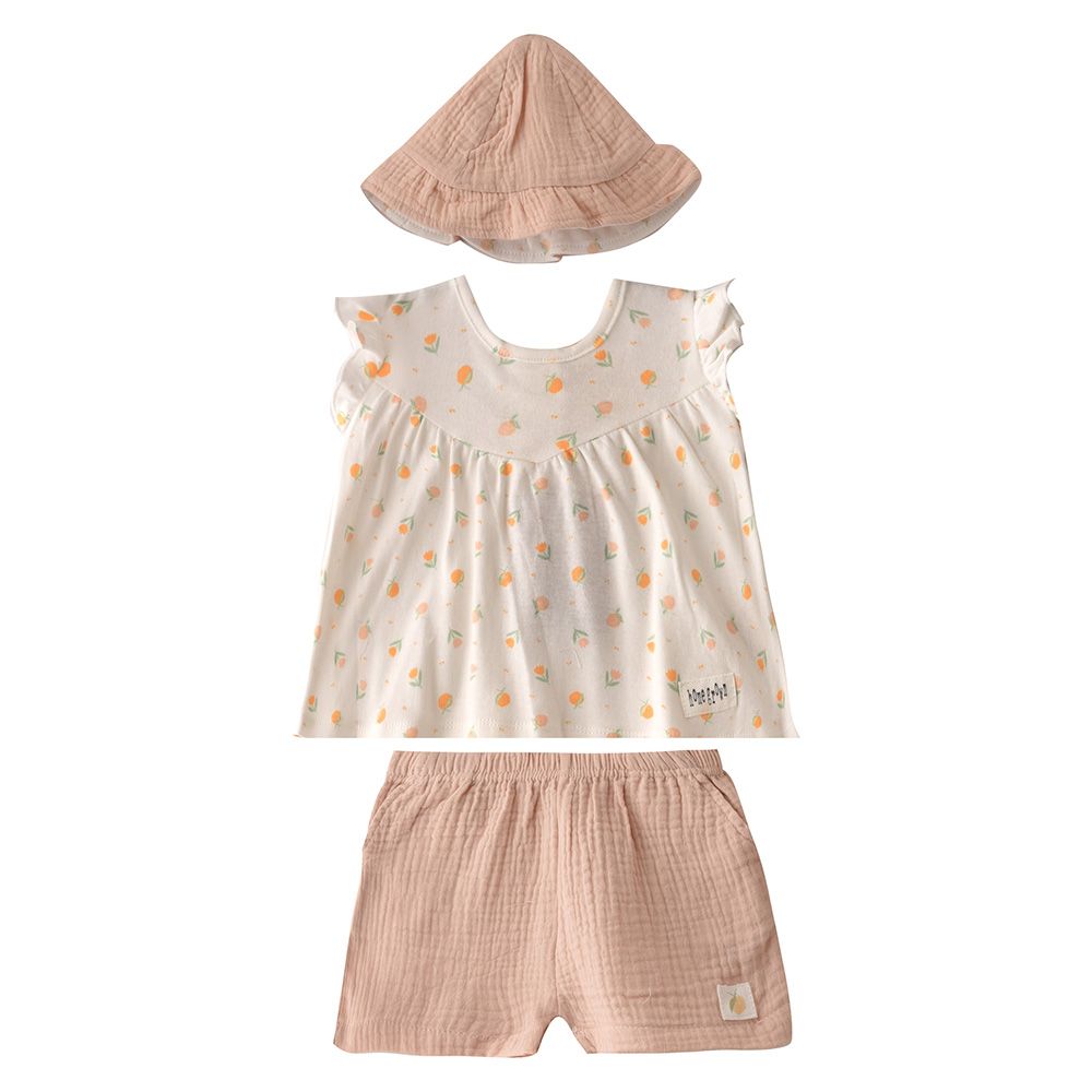 Rock a Bye Baby - 3pc-Set - Baby Girl Top, Shorts w/ Cap - Peach