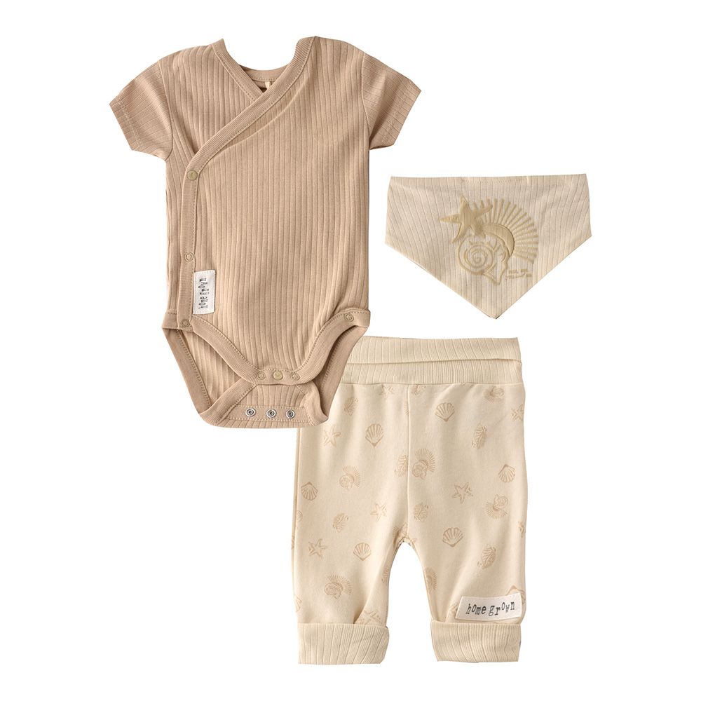 Home Grown - 3pc-Set - Bodysuit, Joggers w/ Bibs - Beige