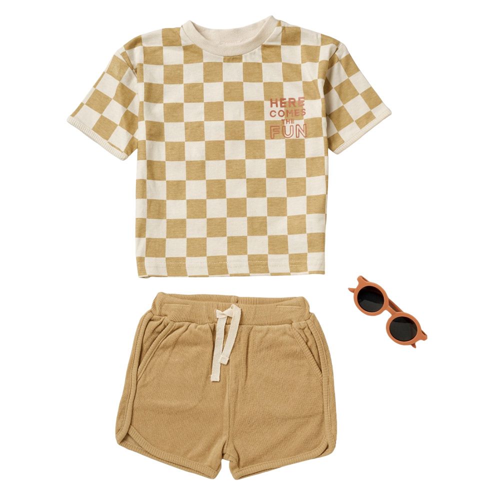 Rock a Bye Baby - 3pc-Set - Baby Boy Top, Shorts And Sunglasses - Beige