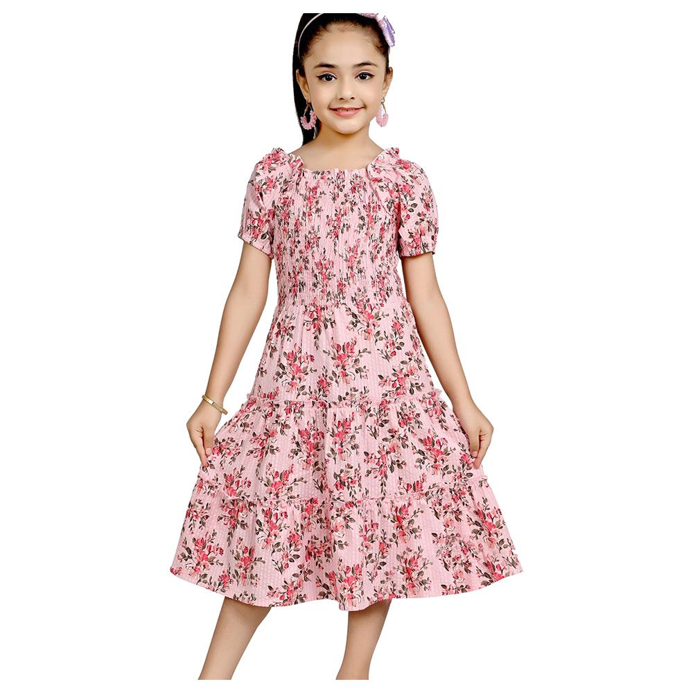 Flower Girl - Girl's Ribbed Floral Printed Dress - Pink