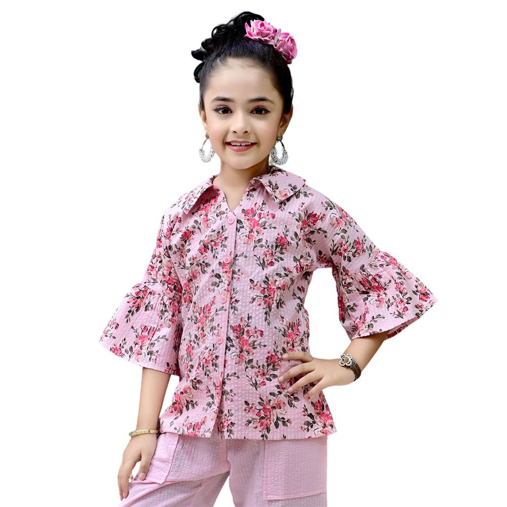 Nexgen Girls - Girl's Collar Neck Flare Sleeve Printed Blouse - Pink