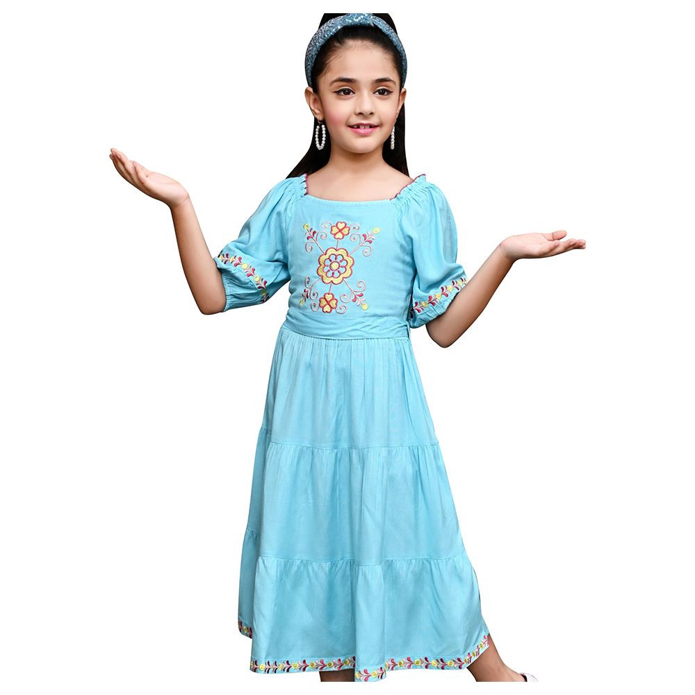 Flower Girl - Girl's Square Neck Plain Dress - Blue