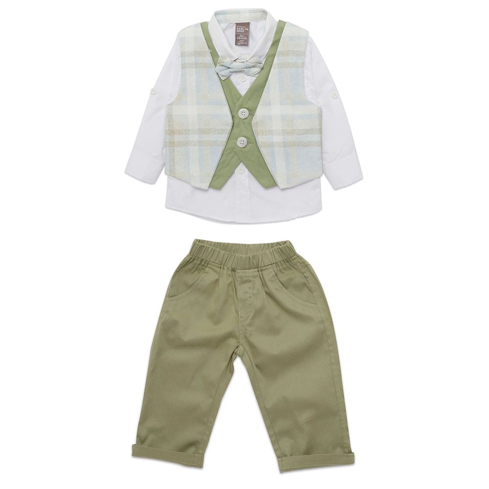 Little Kangaroos - 3pc-Set - Baby Boy Shirt, Waistcoat & Pants - White/Green