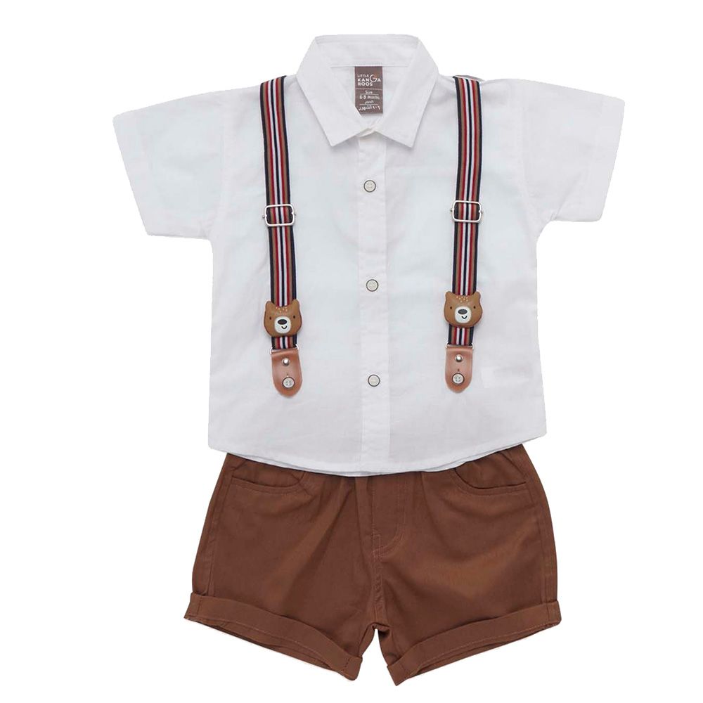 Little Kangaroos - 2pc-Set - Baby Boy Collar Neck Shirt & Shorts - White/Brown