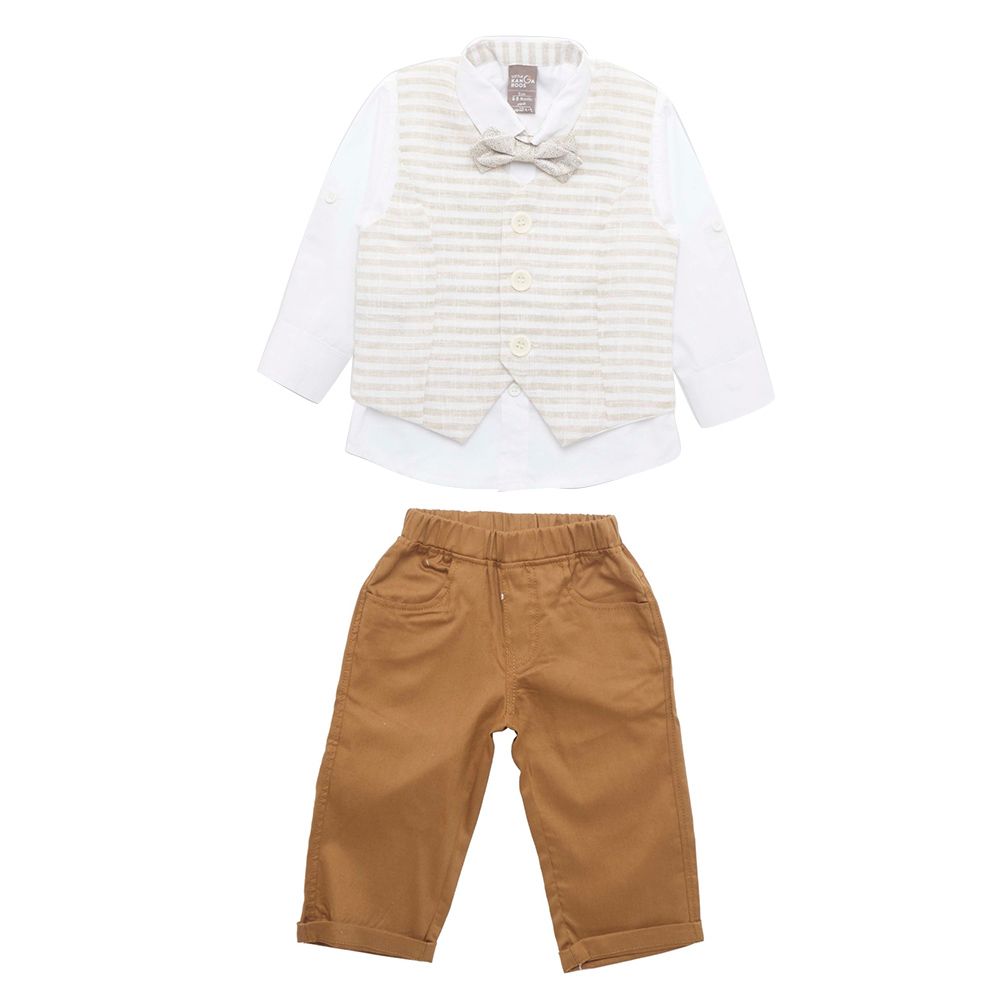 Little Kangaroos - 3pc-Set - Baby Boy Shirt, Waistcoat & Pants - White/Brown