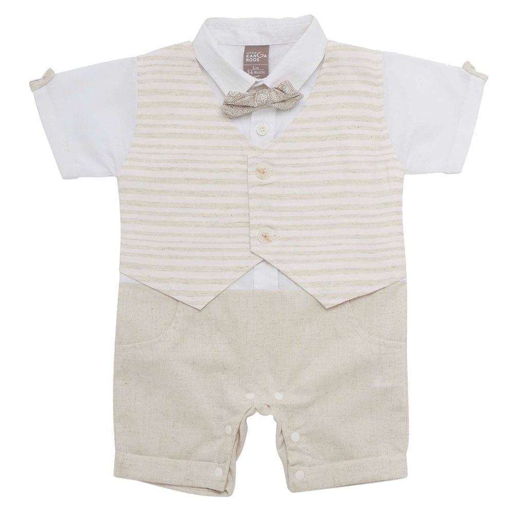 Little Kangaroos - 2pc-Set - Baby Boy Woven Romper w/ Bow - Natural