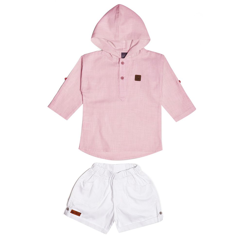 Little Kangaroos - 2pc-Set - Baby Boy Hooded Kurta Shirt & Shorts - Pink/White