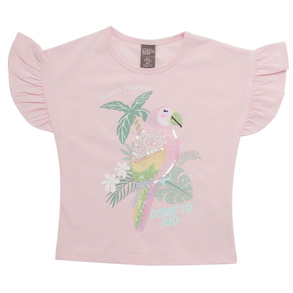 Little Kangaroos - Girl Round Neck Bird Print T-Shirt - Baby Pink