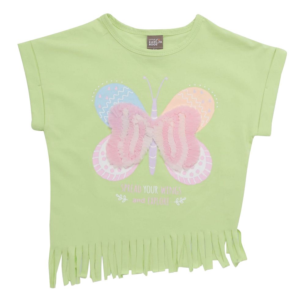 Little Kangaroos - Girl Round Neck Butterfly Print T-Shirt - Lime Green