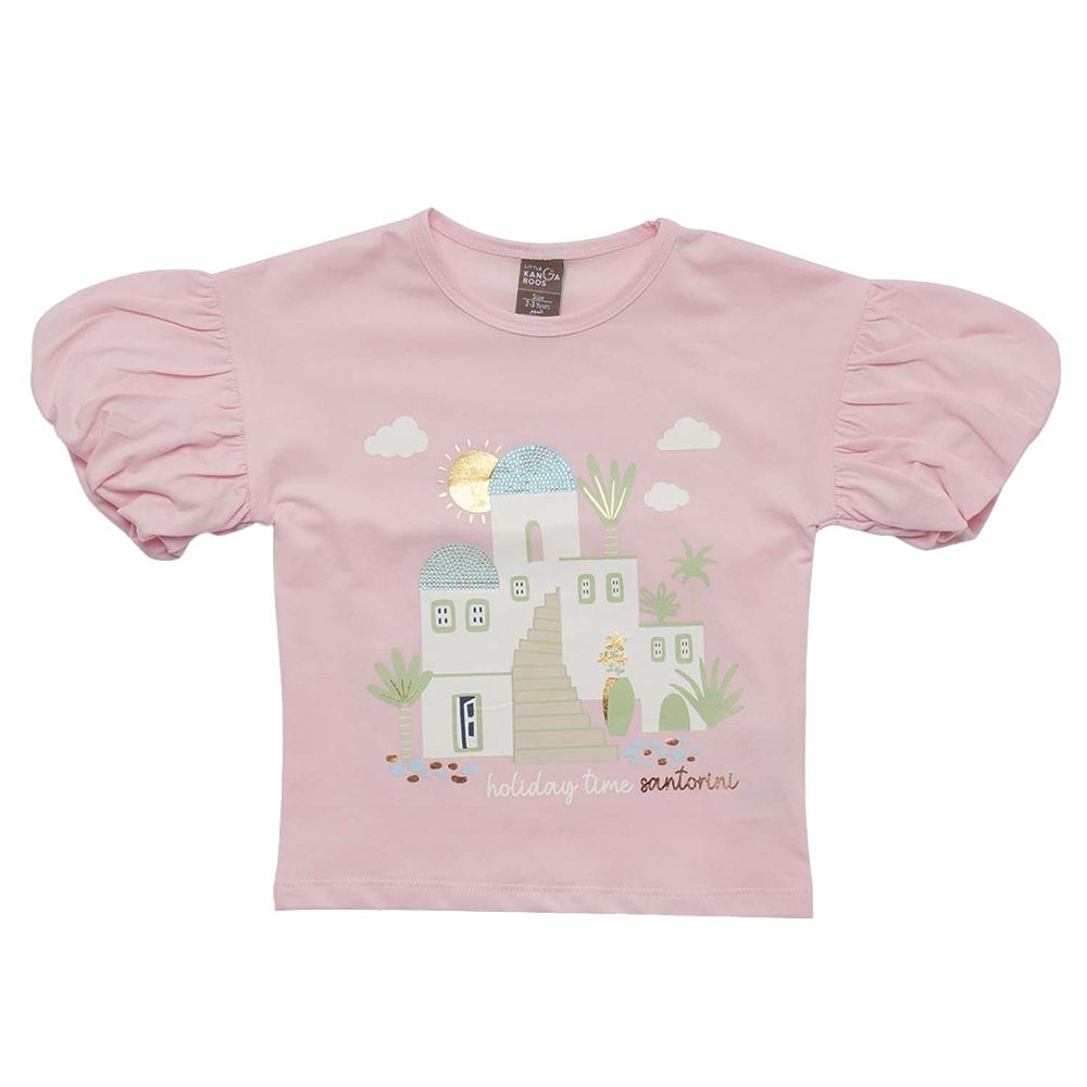 Little Kangaroos - Girl Round Neck Puff Sleeve Top - Baby Pink