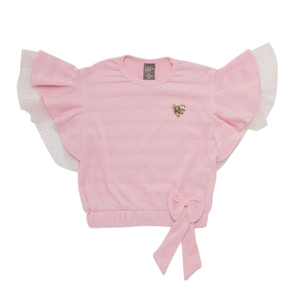 Little Kangaroos - Girl Frill Sleeve Knitted Top - Ballet Pink