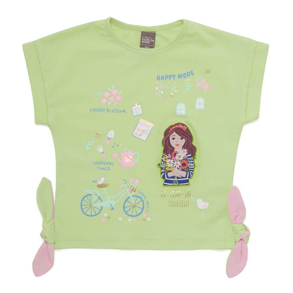 Little Kangaroos - Girl Round Neck Fold Sleeve T-Shirt - Lime Green