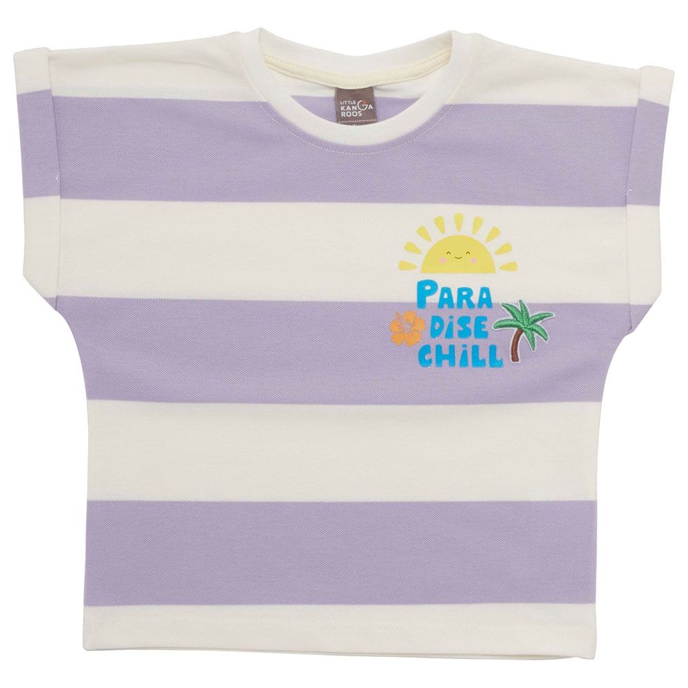 Little Kangaroos - Girl Round Neck Fold Sleeve T-Shirt - Purple/White