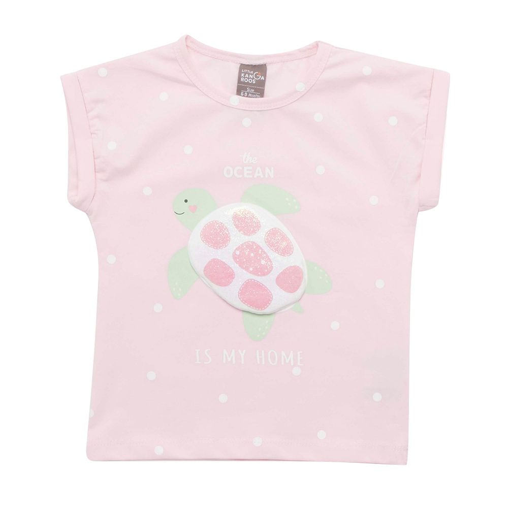 Little Kangaroos - Baby Girl Round Neck Turtle Print T-Shirt - Baby Pink