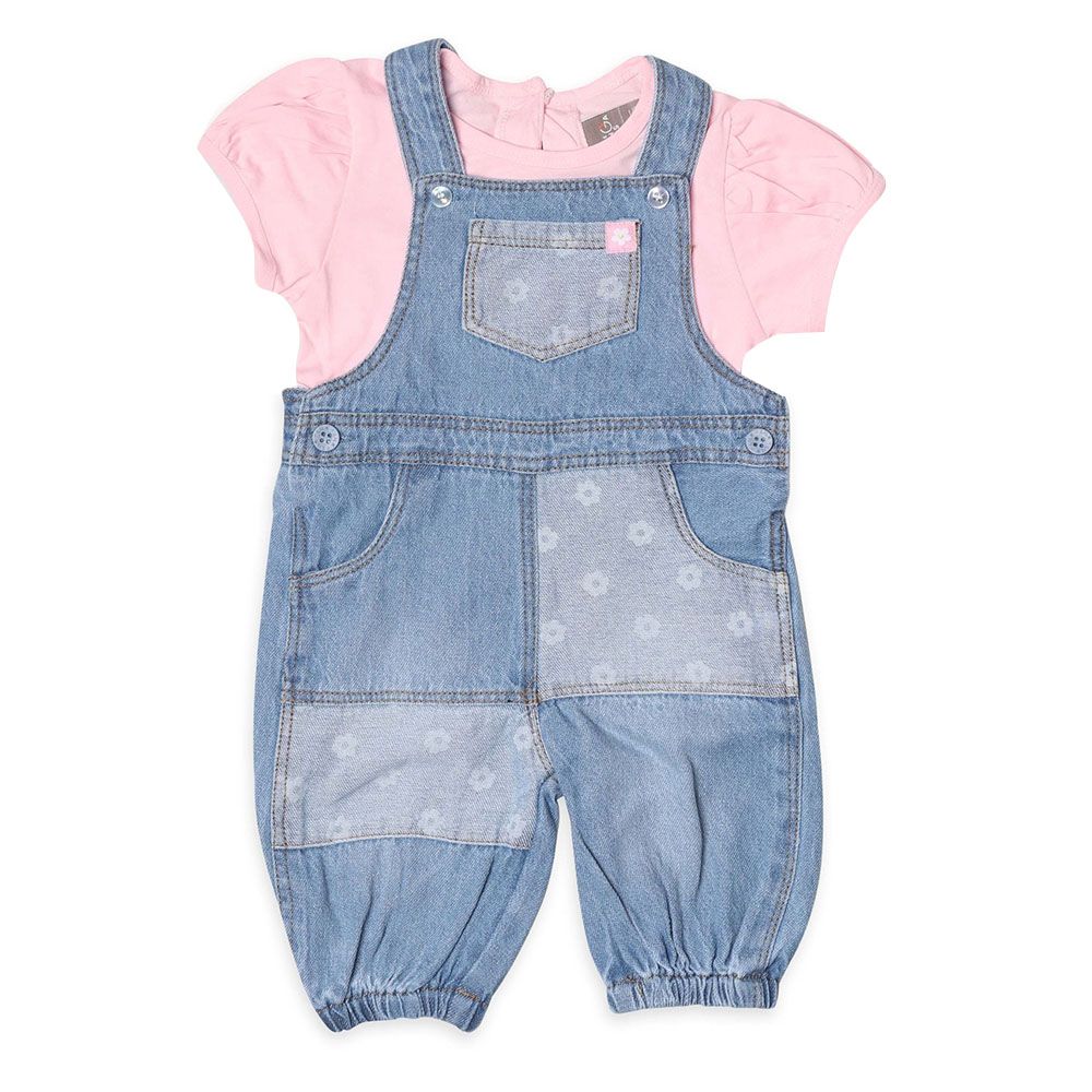 Little Kangaroos - 2pc-Set - Baby Girl Dungaree & T-Shirt - Light Blue/Pink