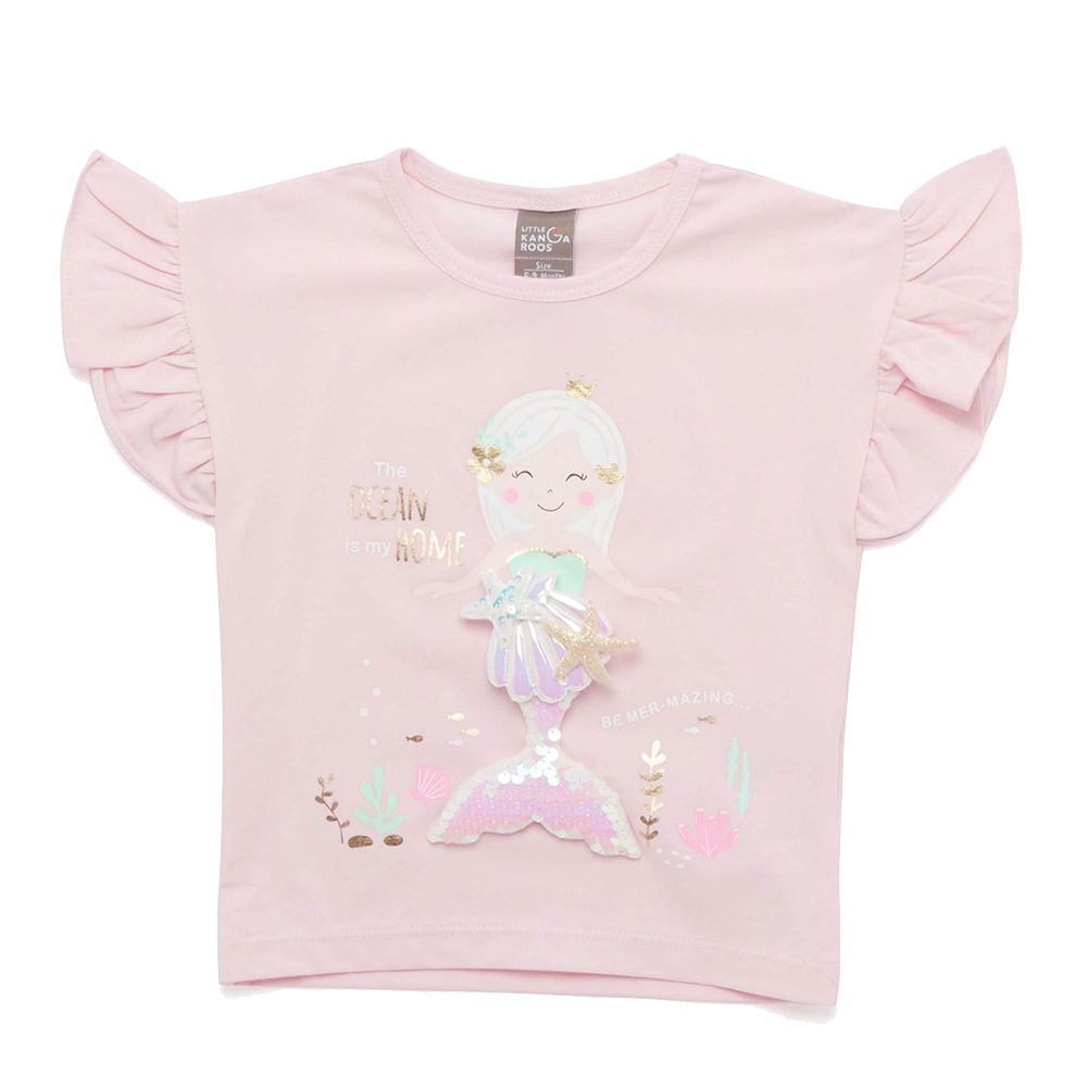 Little Kangaroos - Baby Girl Frill Sleeve Mermaid Print T-Shirt - Baby Pink