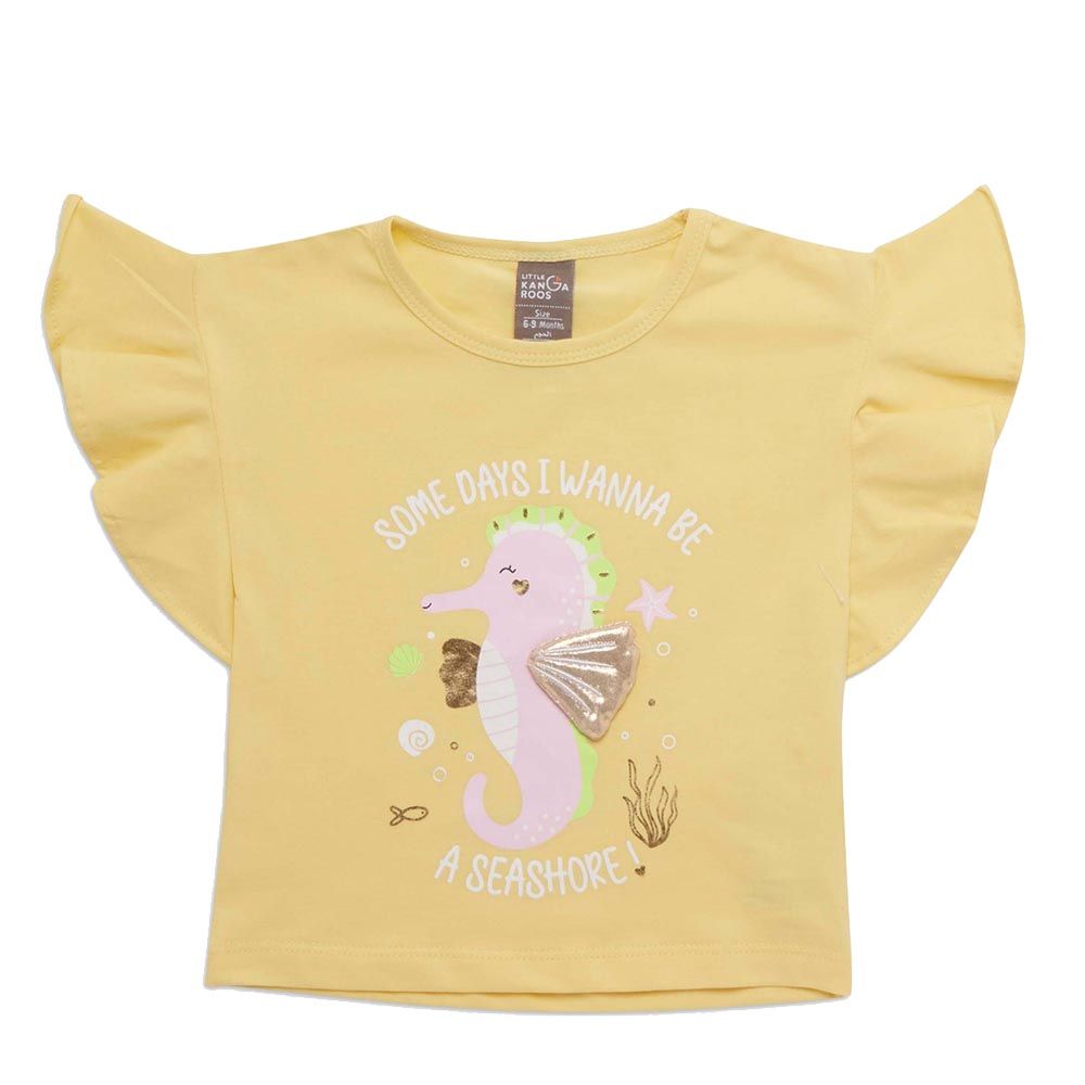 Little Kangaroos - Baby Girl Frill Sleeve Seahorse Print T-Shirt - Mango