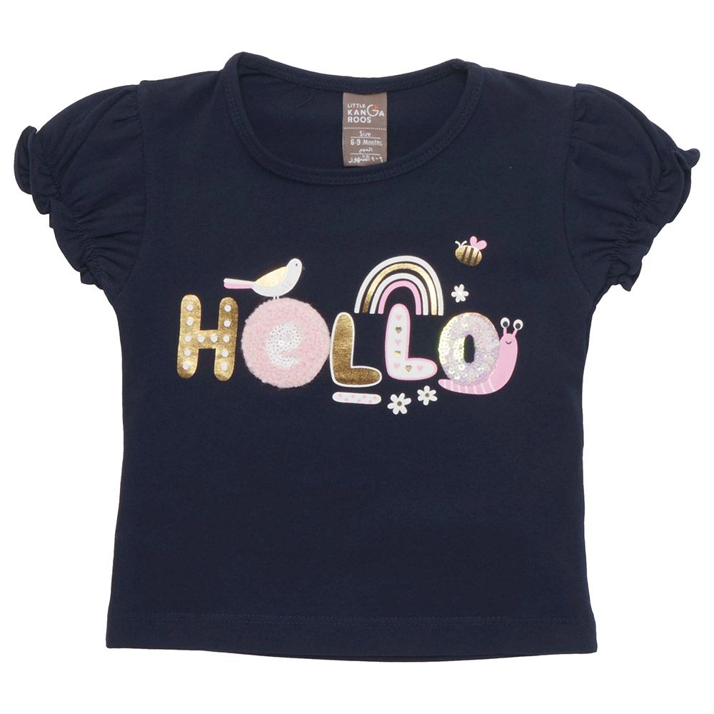 Little Kangaroos - Baby Girl Round Neck Puff Sleeve T-Shirt - Navy