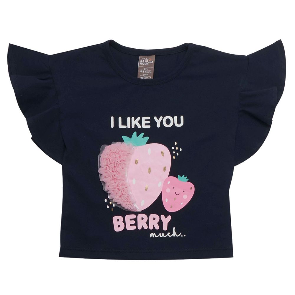 Little Kangaroos - Baby Girl Frill Sleeve Berry Print T-Shirt - Navy