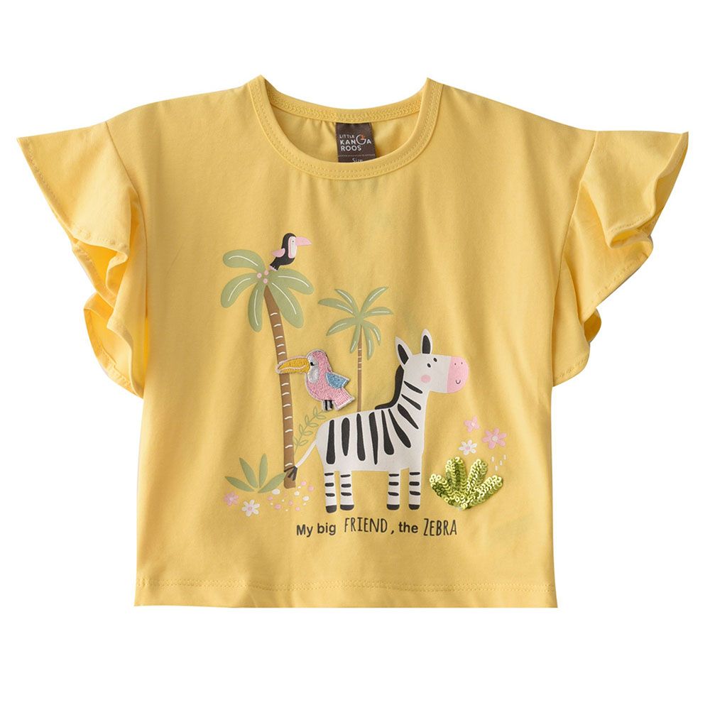 Little Kangaroos - Baby Girl Round Neck Frill Sleeve T-Shirt - Yellow