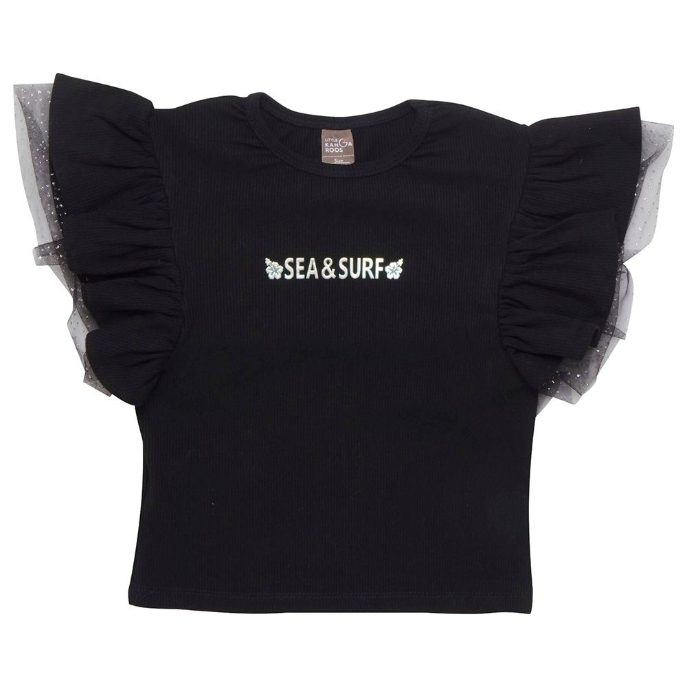 Little Kangaroos - Girl Round Neck Frill Short Sleeve T-Shirt - Black