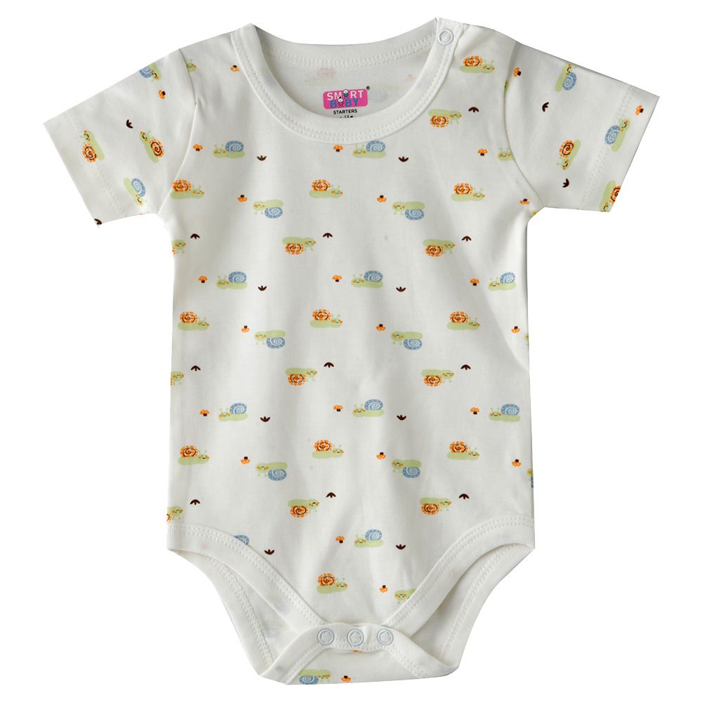 Smart Baby - Baby Boy Printed Short Sleeve Bodysuit - White