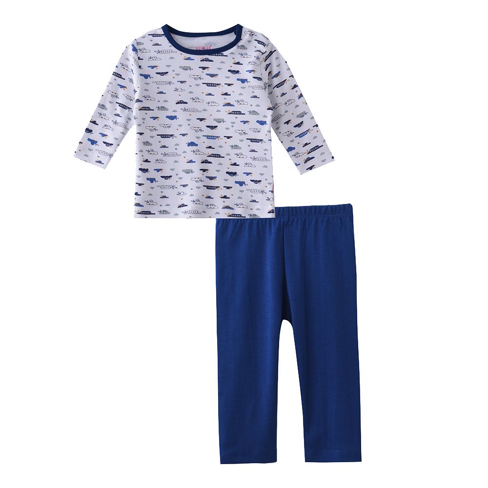 Smart Baby - 2pc-Set - Baby Boy Full Sleeve T-Shirt And Pyjama - White/Blue