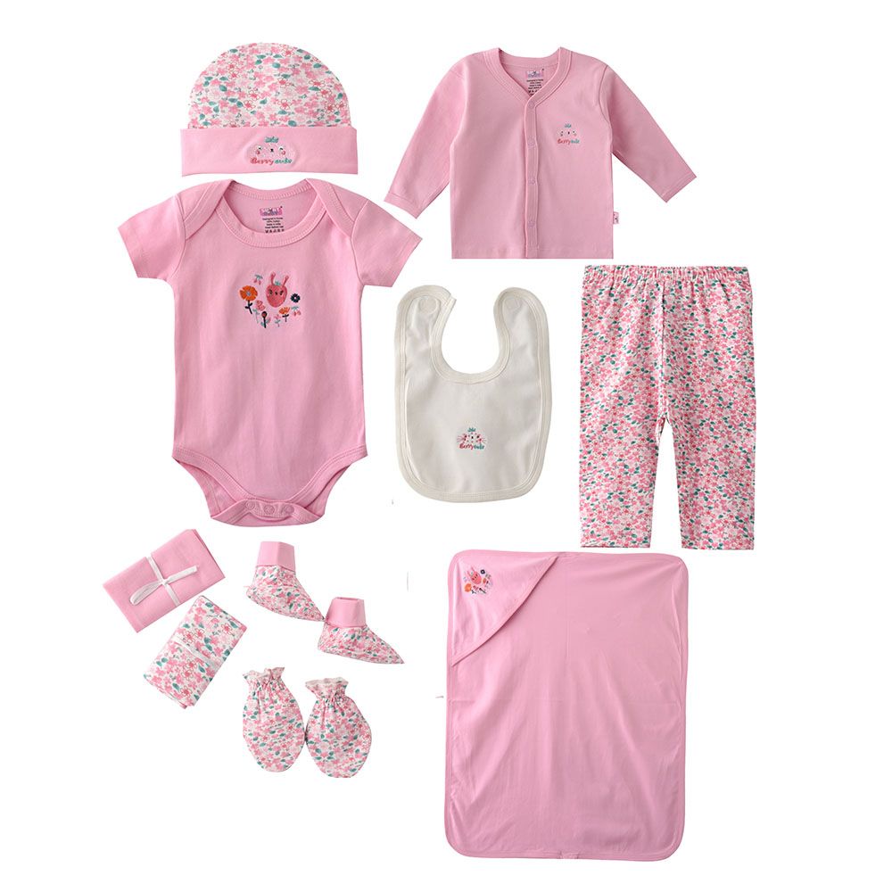 Smart Baby - 10pc-Set - Baby Girl All Over Printed Gift Set - Pink