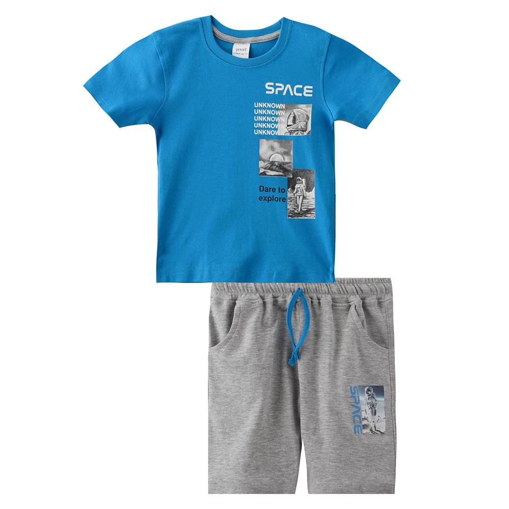 Genius - 2pc-Set - Boy's Short Sleeve T-Shirt w/ Bermuda Shorts - Turquoise Blue/Grey