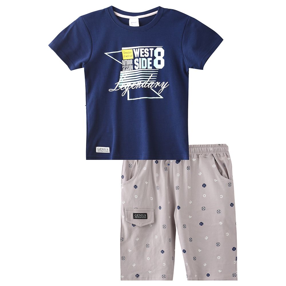 Genius - 2pc-Set - Boy Half Sleeve T-shirt With Bermuda - Navy/Grey