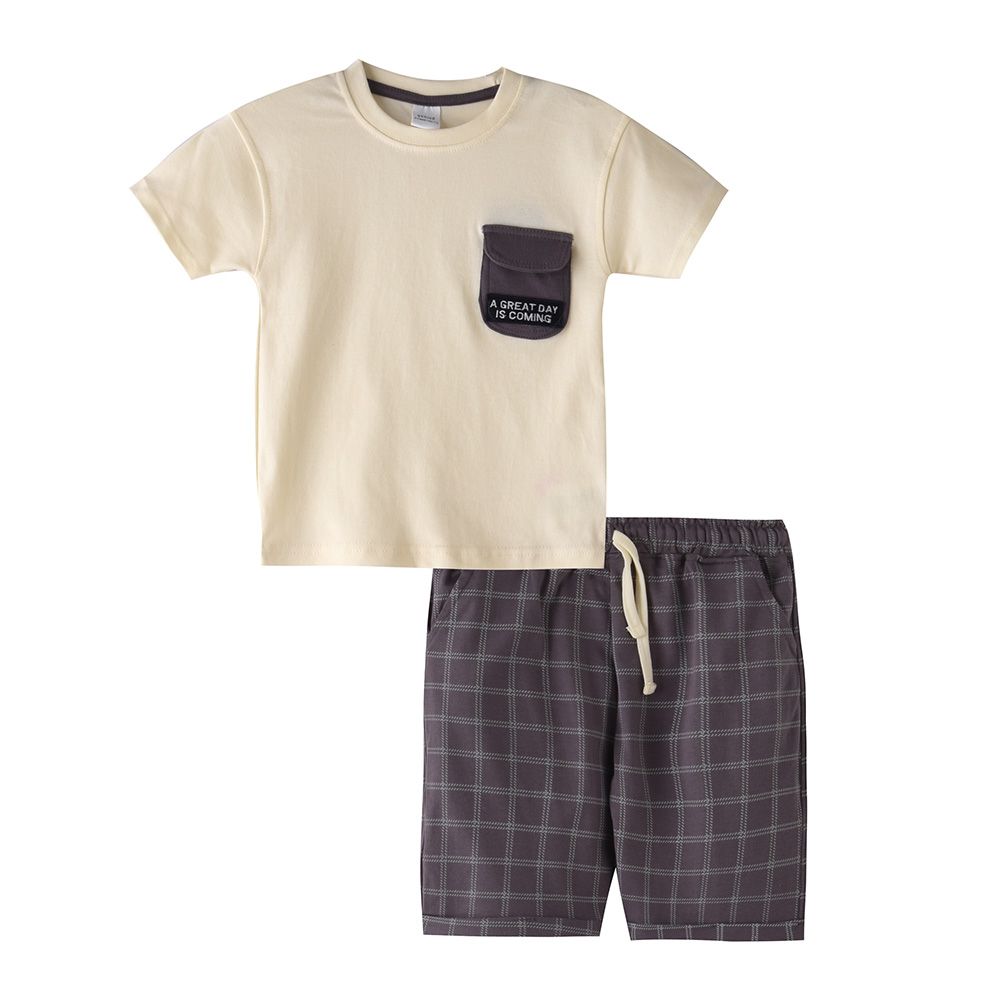 Genius - 2pc-Set - Boy's Half Sleeve T-Shirt w/ Bermuda Shorts - Off White/Grey