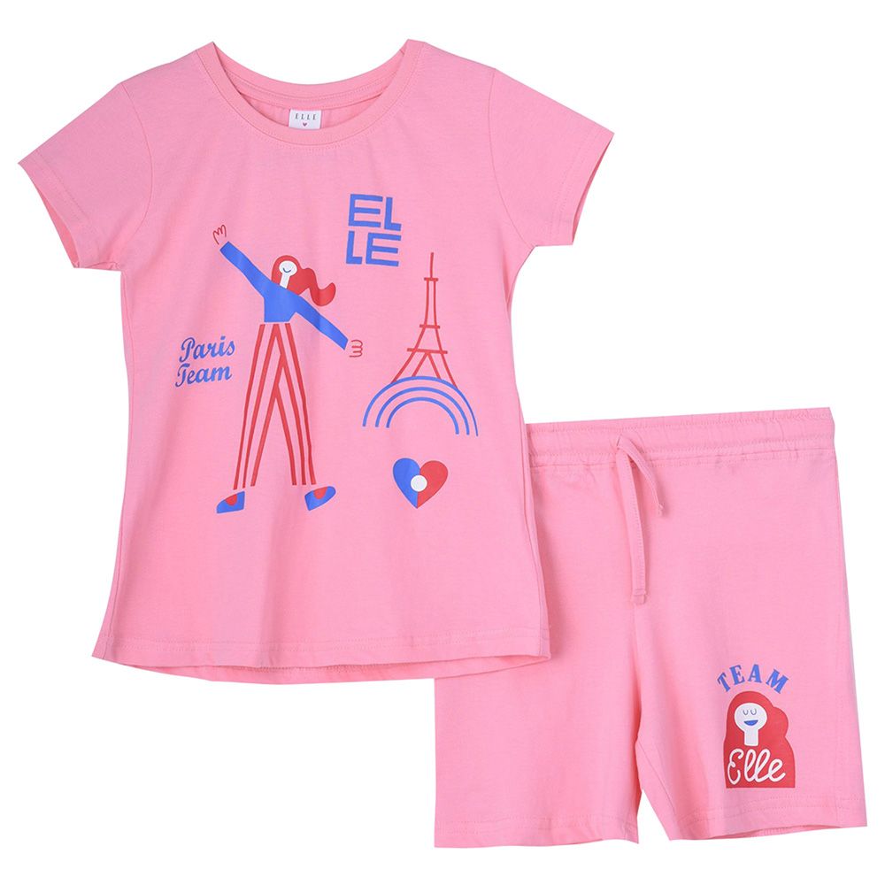 Genius - 2pc-Set - Girl Half Sleeve Paris T-shirt With Shorts - Pink