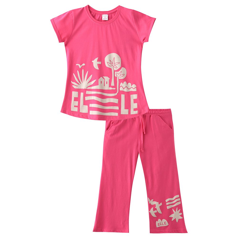 Genius - 2pc-Set - Girl Half Sleeve T-shirt With Capri - Pink