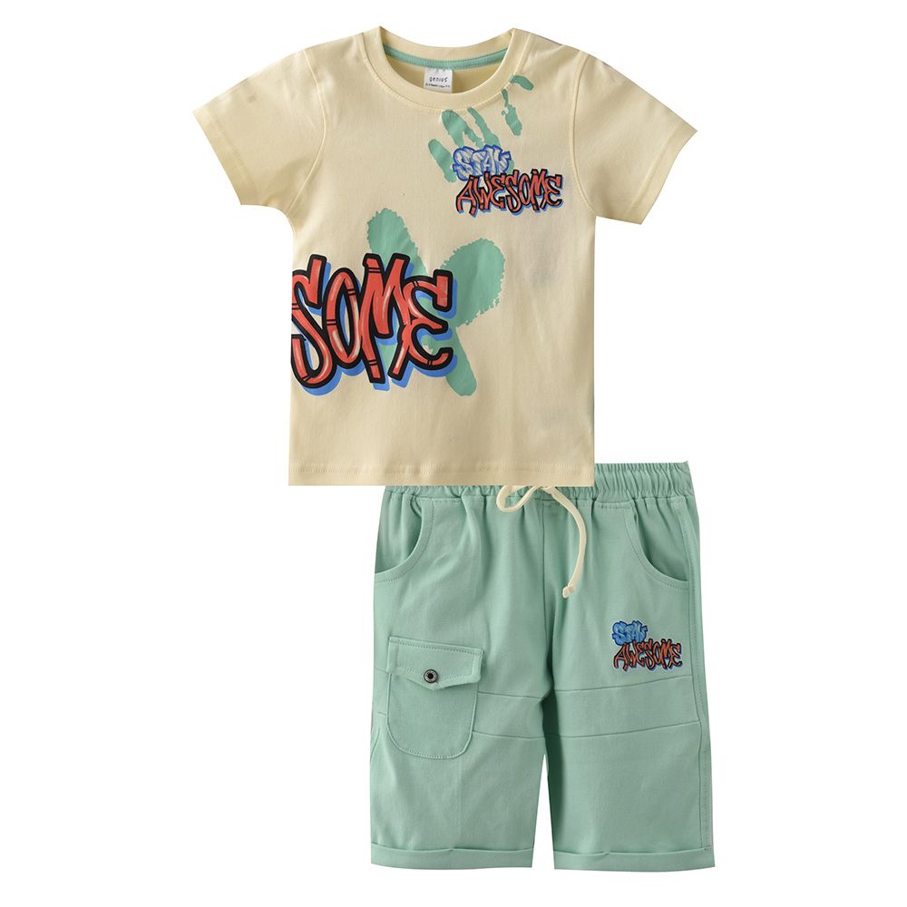 Genius - 2pc-Set - Boy's Short Sleeve T-Shirt w/ Bermuda Shorts - Off White/Blue