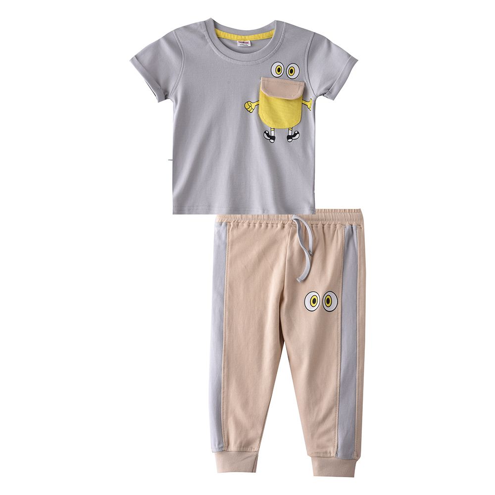 Smart Baby - 2pc-Set - Baby Boy T-shirt And Pants - Light Grey/Beige