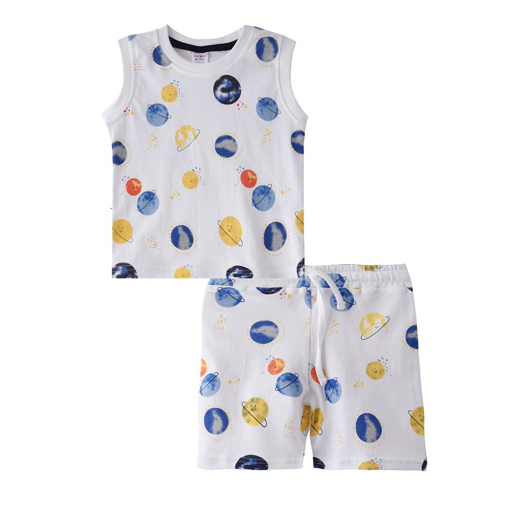 Smart Baby - 2pc-Set - Baby Boy Sleeveless T-shirt And Bermuda - White