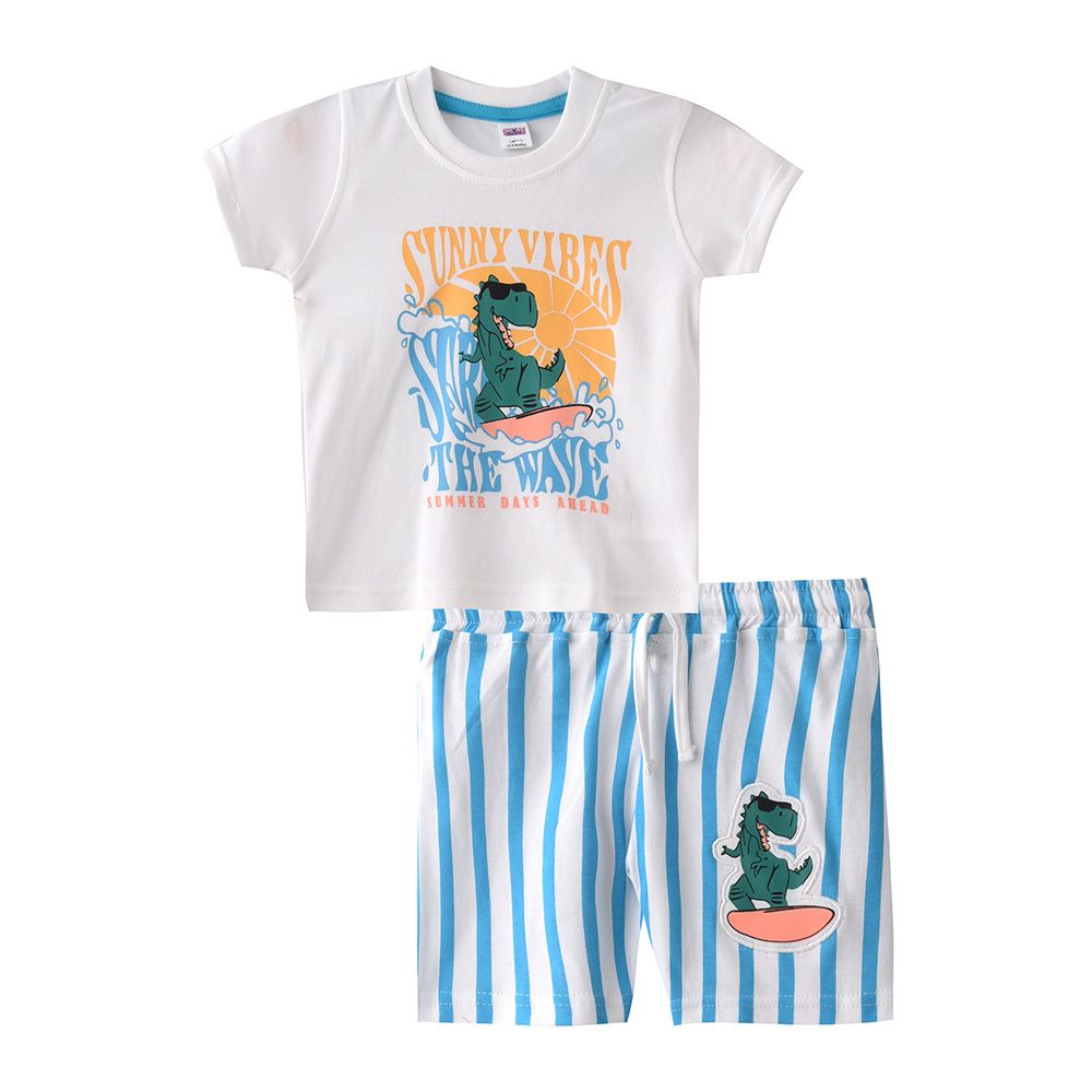 Smart Baby - 2pc-Set - Dino Print T-Shirt w/ Bermuda Shorts - White