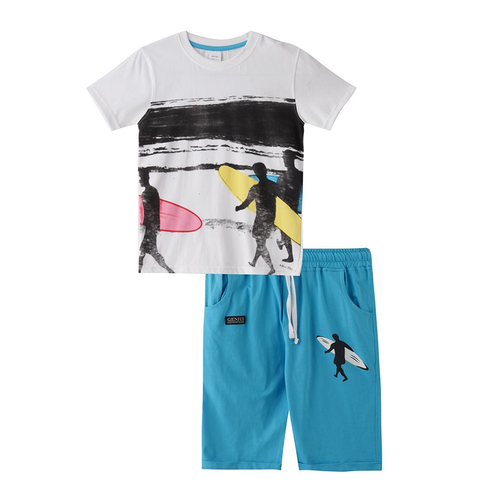 Genius - 2pc-Set - Boy's Printed Half Sleeve T-Shirt w/ Bermuda Shorts - White/Blue