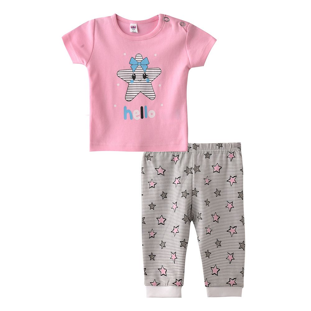 Smart Baby - 2pc-Set - Baby Girl Half Sleeve T-Shirt And Pants - Pink