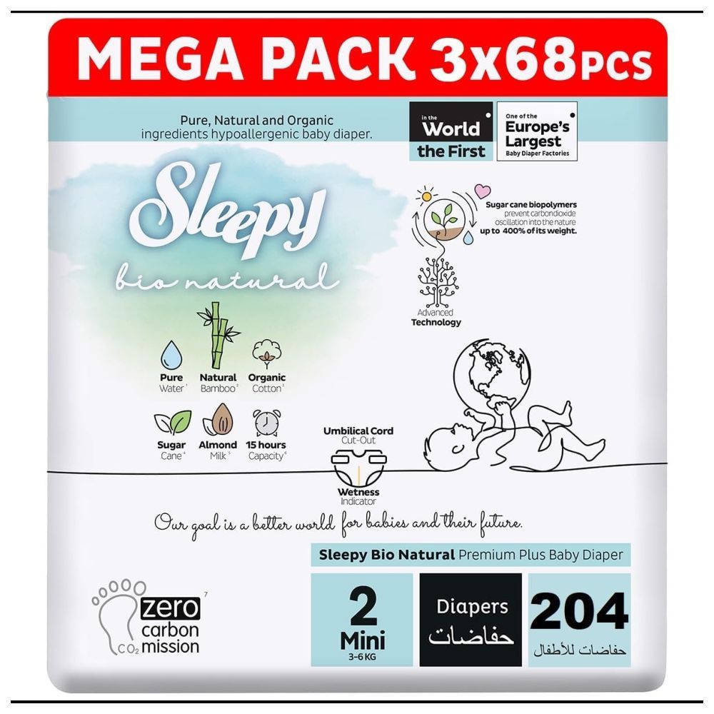 Sleepy - Bio Natural Premium Diapers - Size 2 - 3-6 Kg - 204 Count