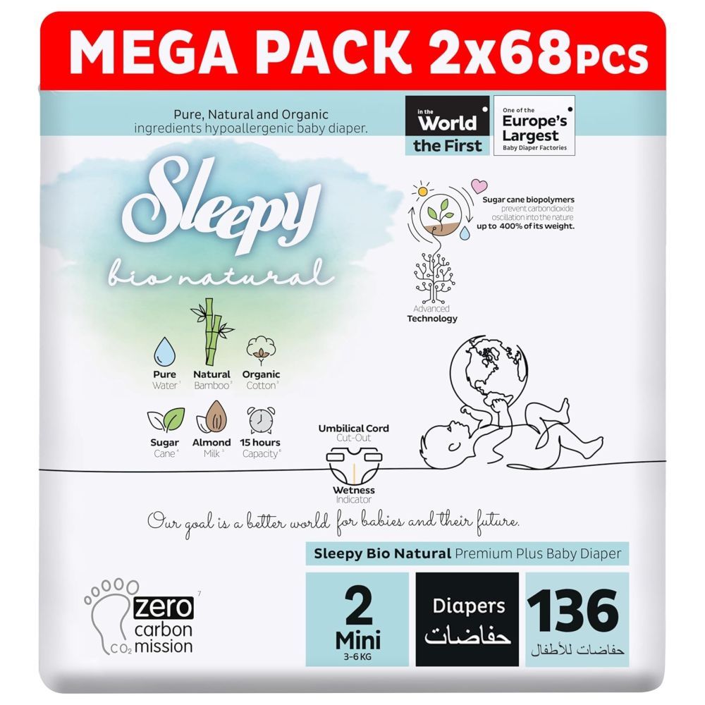 Sleepy - Bio Natural Premium Diapers - Size 2 - 3-6 Kg - 136 Count