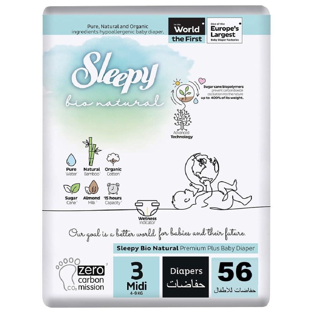 Sleepy - Bio Natural Premium Diapers - Size 3 - 4-9 Kg - 56 Count