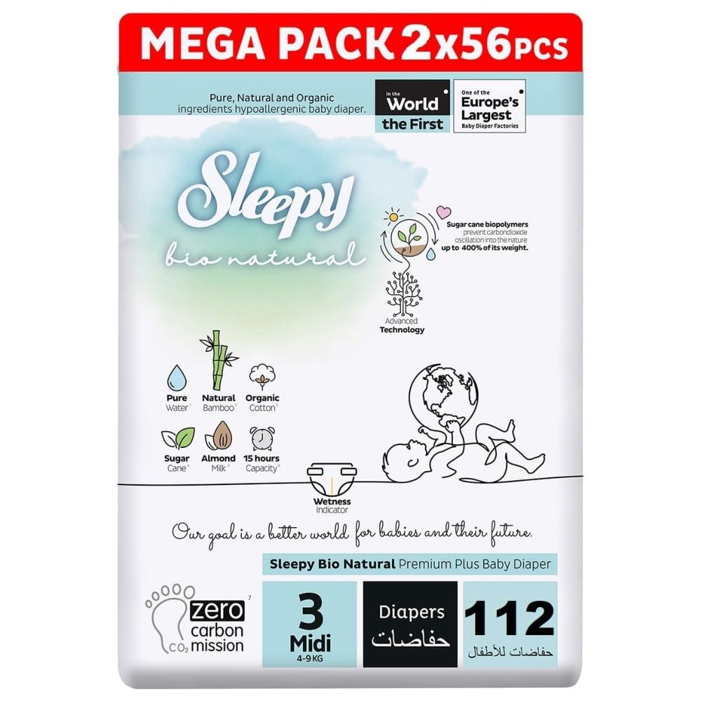 Sleepy - Bio Natural Premium Diapers - Size 3 - 4-9 Kg - 112 Count