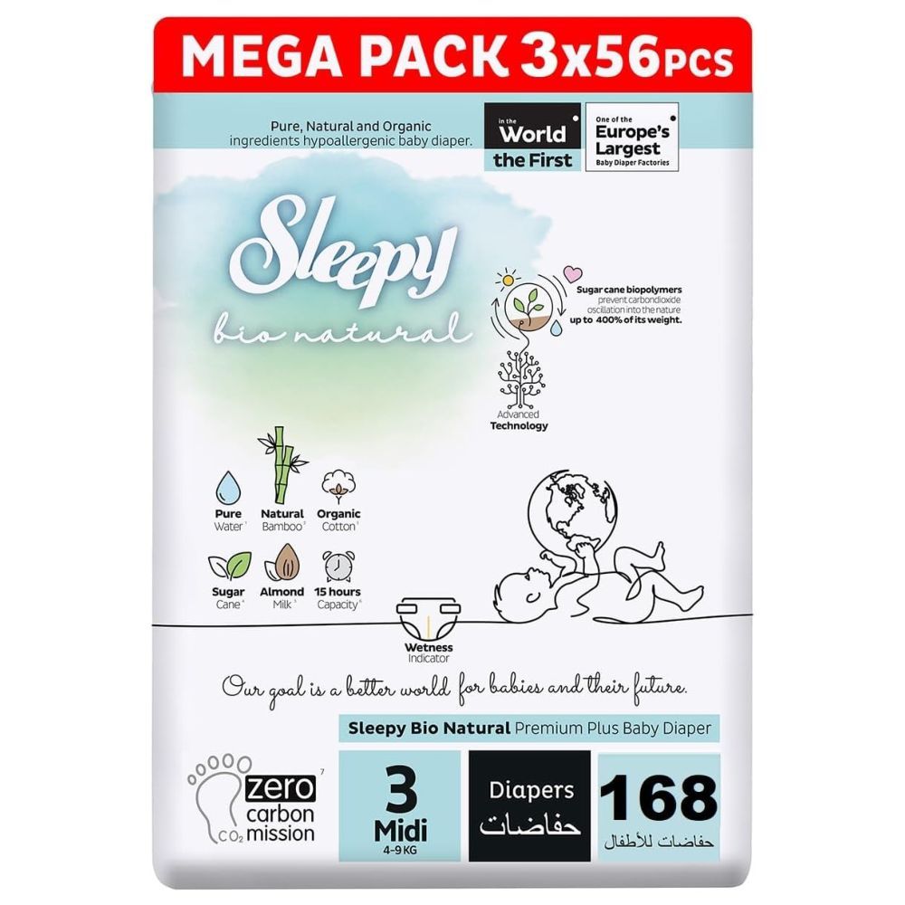 Sleepy - Bio Natural Premium Diapers - Size 3 - 4-9 Kg - 168 Count