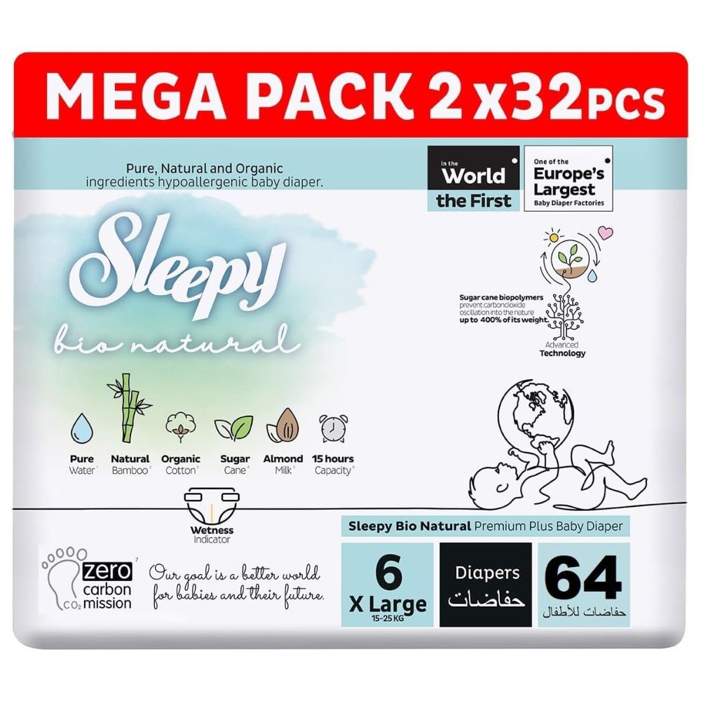 Sleepy - Bio Natural Premium Diapers - Size 6 - 15-25 Kg - 64 Count