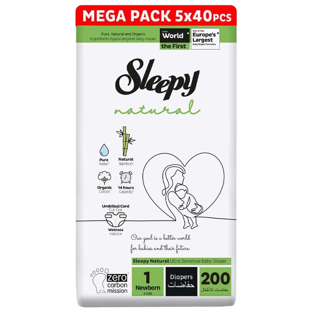 Sleepy - Natural Baby Dry Diapers - Size 1 - 2-5 Kg - 200 Count