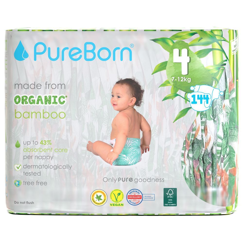 Pure Born - Size 4 Singles 7-12kg 24 Nappy 1 x 6 Bundle - Assorted