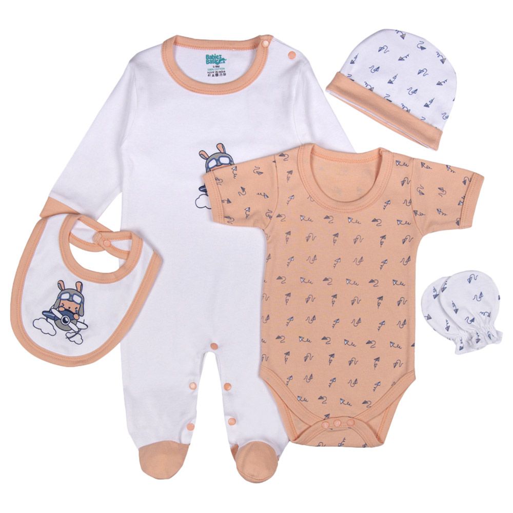 Babies Basic - 5pc-Set - Unisex 100% Cotton Gift Set - Pink/White